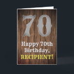 70. Geburtstag: Inspirierter Western Karte<br><div class="desc">Dieses American Wild West und landesweit Geburtstagskartendesign enthält eine große rustikal Nummer "70", die Meldung "Happy 70 th Birthday", einen benutzerdefinierbaren Namen und einen Imitat/Imitation Holzkorn Stil Muster Hintergrund. Das Innere hat eine bearbeitbare Geburtstagsgrüße, oder könnte gelöscht und links werden, wenn eine Nachricht von Hand geschrieben werden soll. Eine bearbeitbare...</div>