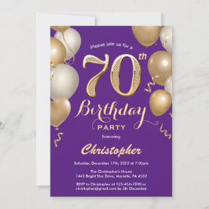 70. Geburtstag Lila und Gold Balloons Confetti Einladung