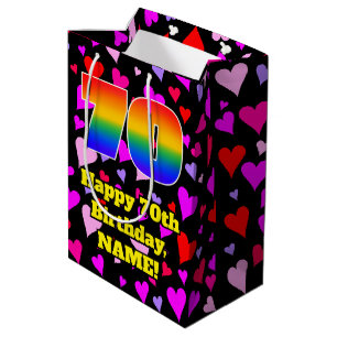 70. Geburtstag: Loving Hearts Pattern, Regenbogen Mittlere Geschenktüte