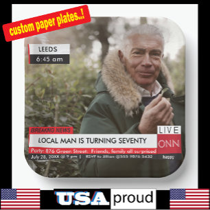 70. Geburtstag Männer's 🎉 Funny TV News Fake Medi Pappteller