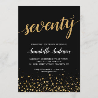 70. Geburtstag Modernes Black Gold Confetti Script Einladung