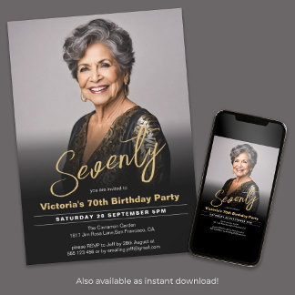 70. Geburtstag Modernes Black Gold Minimal Foto Einladung