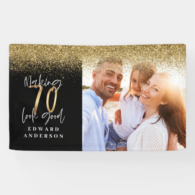 70. Geburtstag modernes Schwarz-Gold-Glitzer-Foto Banner (Horizontal)