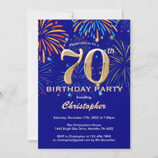 70. Geburtstag Navy Blue and Gold Rainbow Firework Einladung
