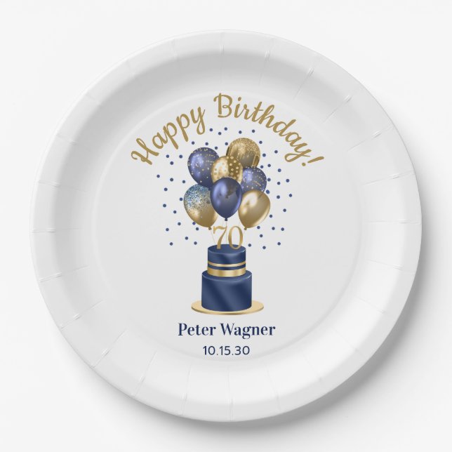 70. Geburtstag Navy Blue Balloon Cake Pappteller (Vorderseite)