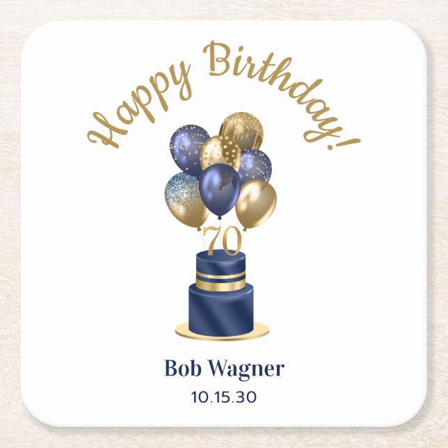70. Geburtstag Navy Blue Balloon Cake Rechteckiger Pappuntersetzer (Vorderseite)