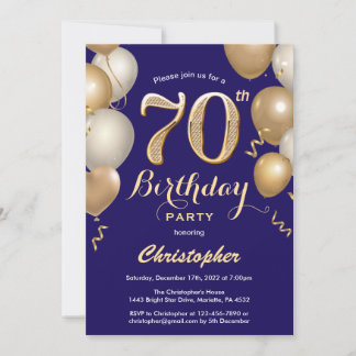 70. Geburtstag Navy Blue und Gold Balloons Confett Einladung