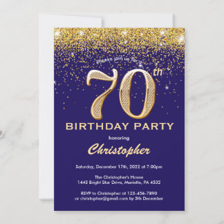 70. Geburtstag Navy Blue und Gold Glitzer Confetti Einladung