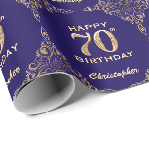 70. Geburtstag Navy Blue und Gold Glitzer Frame Geschenkpapier