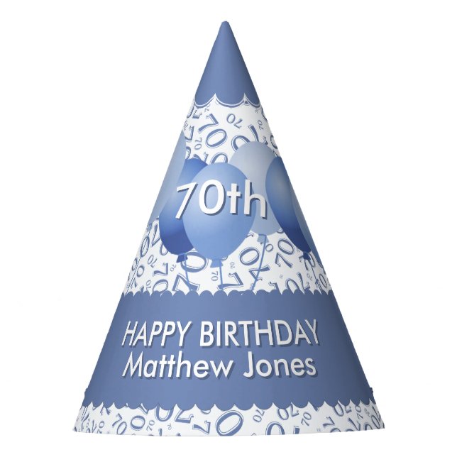 70. Geburtstag Nummer Muster Blau/Weiße Scallops Partyhütchen (Vorderseite)