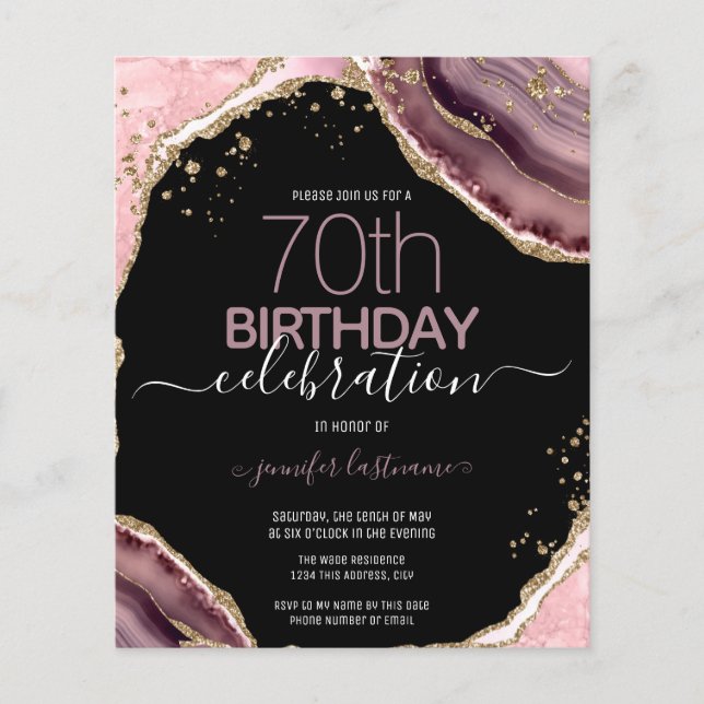 70. Geburtstag Pink Lila Agate Einladung (Vorderseite)