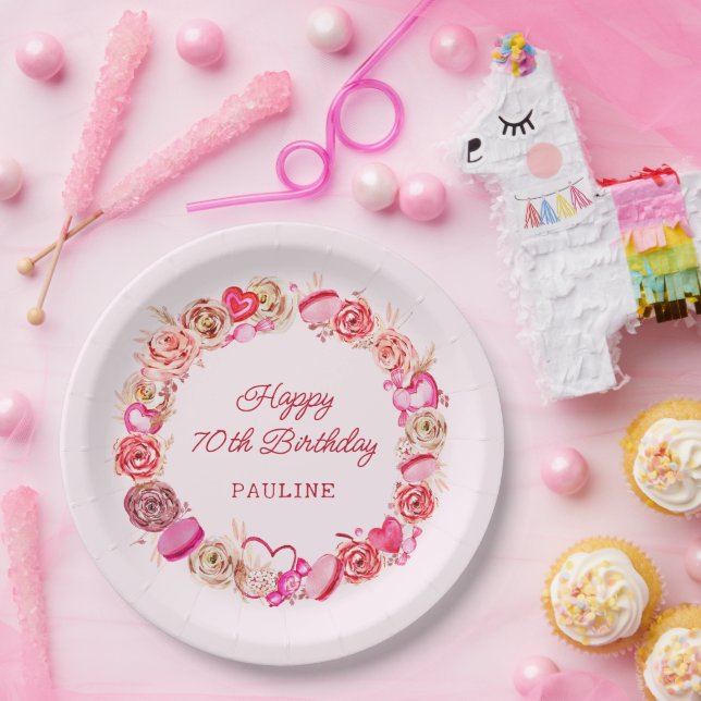 70. Geburtstag Pink Roses Wirbles Herz Pappteller (Party)
