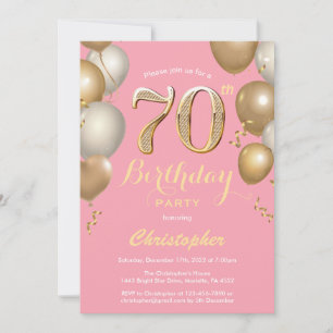 70. Geburtstag Pink und Gold Balloons Confetti Einladung