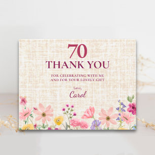 70. Geburtstag Pink Wildflower Linen Dankbarkeit Dankeskarte
