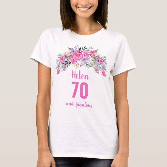 70. Geburtstag rosa Blumenbezeichnung T-Shirt (Vorderseite)