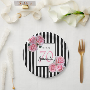 70. Geburtstag rosa Florale Schwarz-weiße Streifen Pappteller