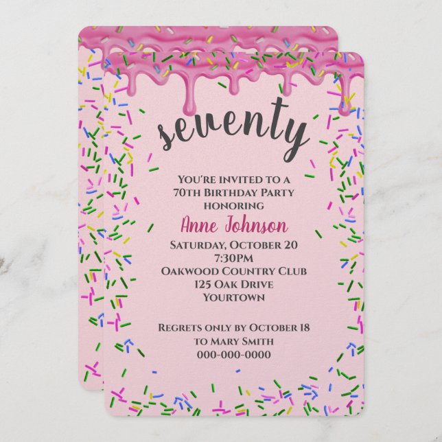 70. Geburtstag rosa Icing und Sprinklen Einladung (Vorne/Hinten)