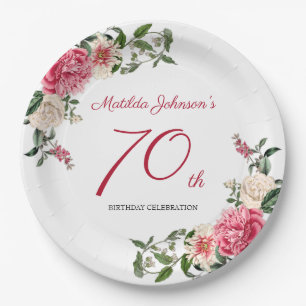 70. Geburtstag Rosa Weiß Elegant Floral Botanisch Pappteller