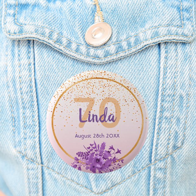70. Geburtstag Rose Gold mit Konfetti und Blume Button (Von Creator hochgeladen)