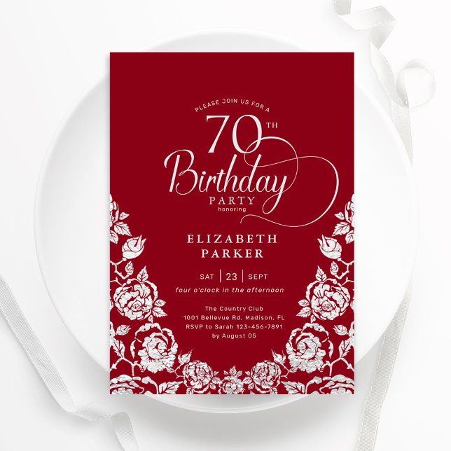 70. Geburtstag Rot Silber Rose Einladung (Von Creator hochgeladen)
