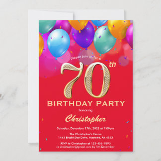 70. Geburtstag Rot und Gold farbige Ballons Einladung