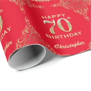 70. Geburtstag Rot und Gold Glitzer Rahmen Geschenkpapier