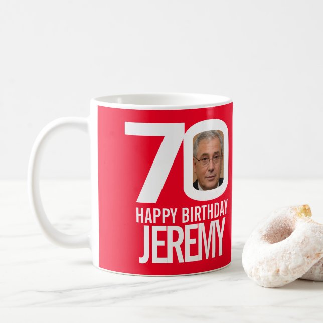 70. Geburtstag, rotes, weißes Foto Kaffeetasse (Mit Donut)