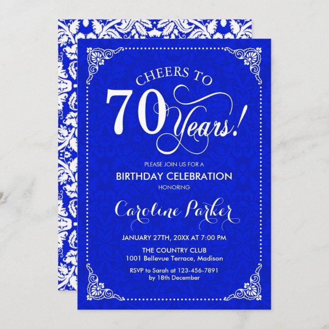 70. Geburtstag - Royal Blue White Damask Einladung (Vorne/Hinten)