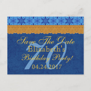 70. Geburtstag Save the Date Blue und Gold Lace Ankündigungspostkarte