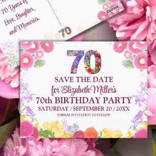 70. Geburtstag Save-the-Date Floral Elegant Postkarte