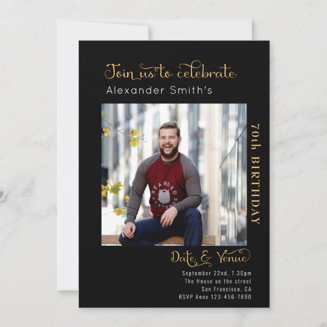 70. Geburtstag schwarz Einladung (Vorderseite)