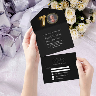 70. Geburtstag schwarz Gold Foto RSVP All In One Einladung