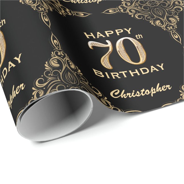 70. Geburtstag Schwarz-Gold-Glitzer-Rahmen Geschenkpapier (Rolleneckpunkt)