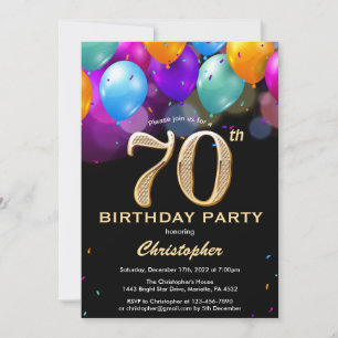 70. Geburtstag Schwarz und Gold farbige Ballons Einladung