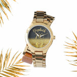 70. Geburtstag schwarzer goldener Name eleganter B Armbanduhr<br><div class="desc">Elegant,  klassisch,  glamourös und feminin. Ein Imitat mit goldfarbenem Bogen und Band,  ein bisschen Bling und Luxus für ein Geburtstagsgeschenk oder Sake. Schwarzer Hintergrund. Vorlagen für ihren Namen und das Alter von 70 Jahren. Der Name ist mit einem modernen handgeschriebenen Stilskript geschrieben.</div>