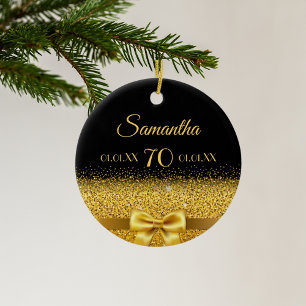 70. Geburtstag schwarzes Gold eleganter Bogen Name Keramik Ornament