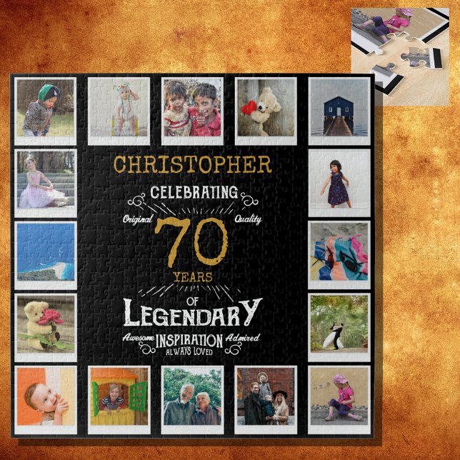 70. Geburtstag Schwarzes Gold FotoCollage Puzzle (A personalized elegant 70th birthday vintage puzzle that is easy to customize but hard to complete)