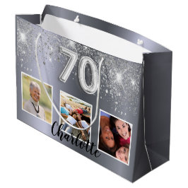 70. Geburtstag silber Glitzer Staub Foto Monogramm Große Geschenktüte