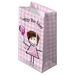 70. Geburtstag Strichfigur-Mädchen mit Pink Balloo Kleine Geschenktüte