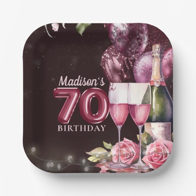 70. Geburtstag Wein & Balloons Personalisiert Pappteller (Vorderseite)