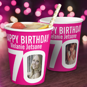 70. Geburtstag Zoll zwei Foto rosa weiß Pappbecher