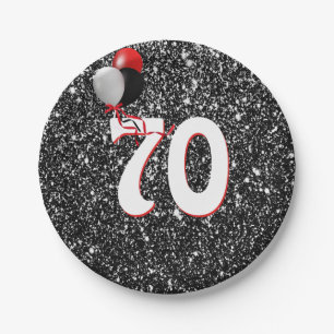 70. Geburtstagsballons auf dem Schwarzen Glitzer Pappteller