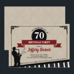 70. Geburtstagsfeier Einladung Jazz Musikthema<br><div class="desc">JEDES ALTER.Alle Texte sind editierbar.
Entworfen mit klassischem Farbdesign und Jazzelementen. Ideal für Musikthemenfeste oder Veranstaltungen mit schwarzer Krawatte Holen Sie sich dieses einzigartige Design für Ihr Party jetzt!</div>