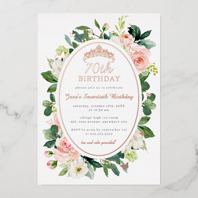 70. Geburtstagsfeier Rose Goldener Schmetterling Folieneinladung (Vorderseite)