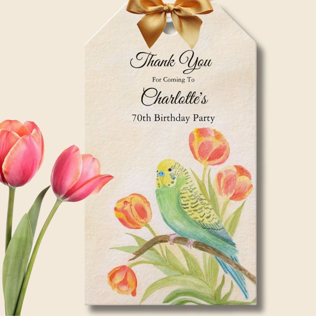 70. Geburtstagsfeier Sittich mit Tulpen Geschenkanhänger (Von Creator hochgeladen)