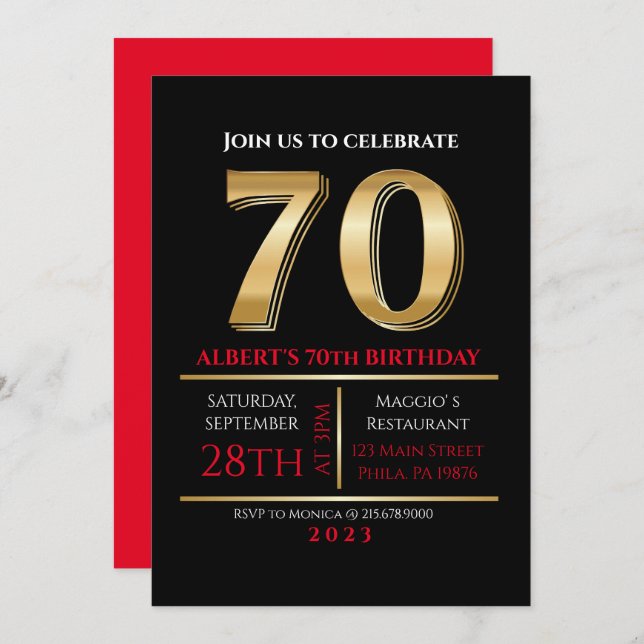70. Geburtstagsgoldschwarze Party Einladung (Vorne/Hinten)