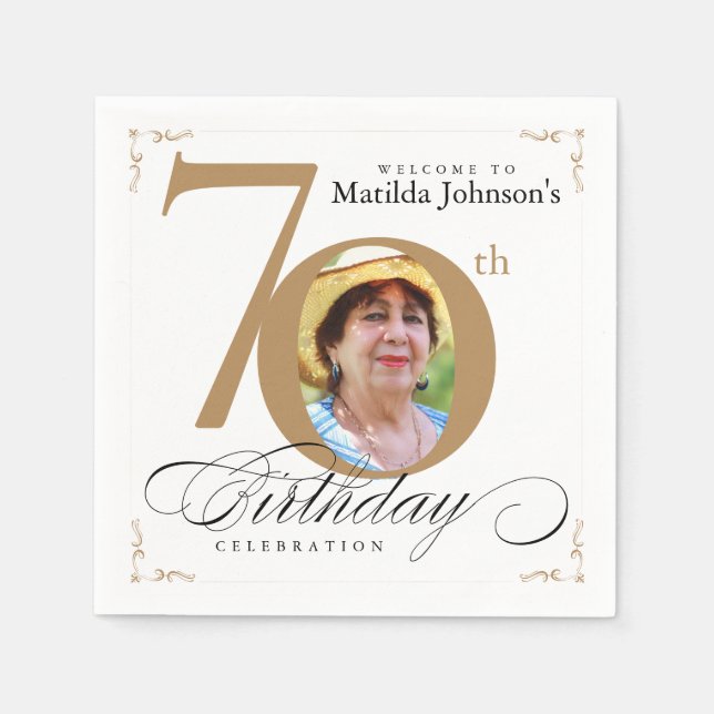 70. Geburtstagskalligraphie Elegantes Weißes Foto Serviette (Vorderseite)