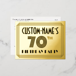 70. Geburtstagsparty ~ Art-Deco-Stil "70" + Name Folie Einladungspostkarte