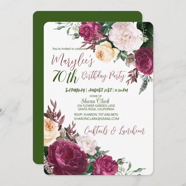 70. Geburtstagsparty Blumendesign Geburtstagsfeier Einladung (Vorne/Hinten)