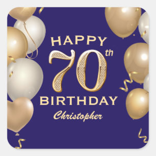 70. Geburtstagsparty Navy Blue and Gold Balloons Quadratischer Aufkleber